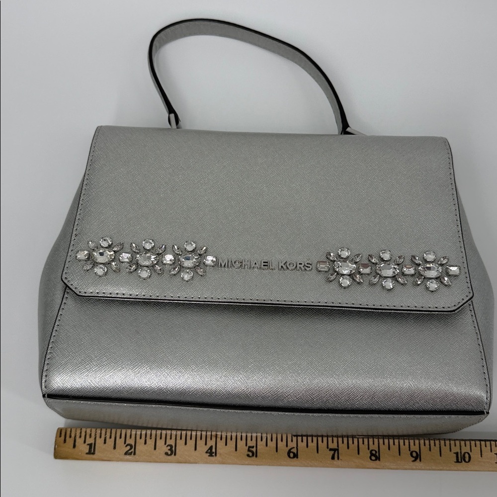 Michael Kors Silver Leather Small Ava Crystals Embellished Top Handle Bag Rare - Picture 8 of 12